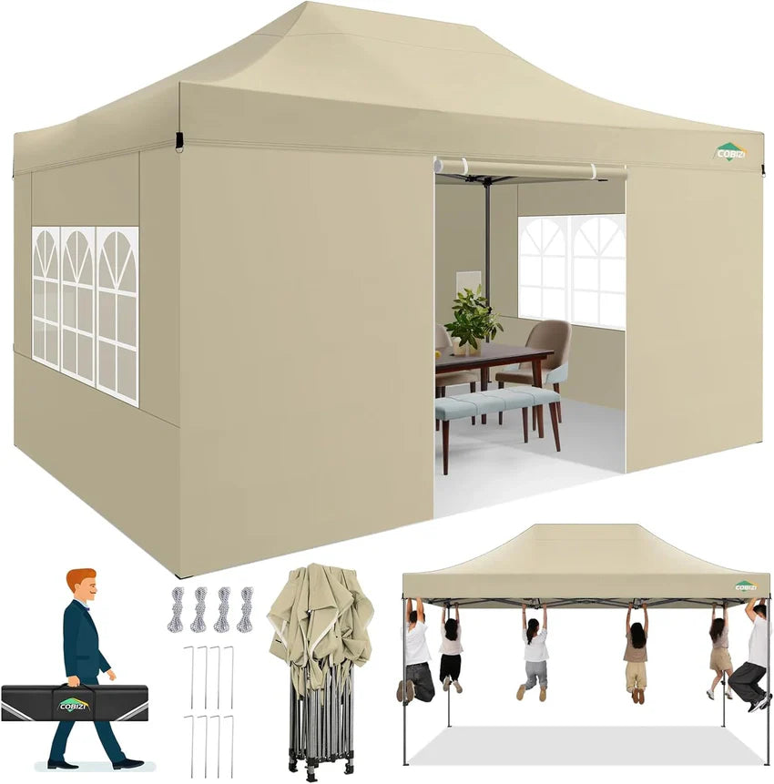COBIZI 10x20 Heavy Duty Pop up Canopy Tent with 6 sidewalls Easy Up Commercial Outdoor Canopy Wedding Party Tents for Parties All Season Wind & Waterproof Gazebo with Roller Bag,Black(Frame Thickened)