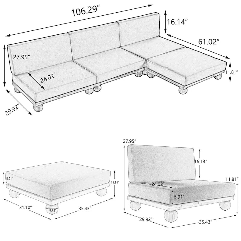 Scott Living Dulcie 4 Piece Outdoor Acacia Wood L Shape Setional Sofa with Removable Cushions