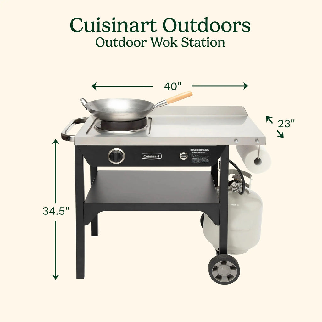 Cuisinart Outdoor Wok Station, 50,000 BTU Propane Outdoor Wok Burner w Prep Table, 14�测�� Carbon Steel Wok for Stir Fry, Searing, BBQ �� Black