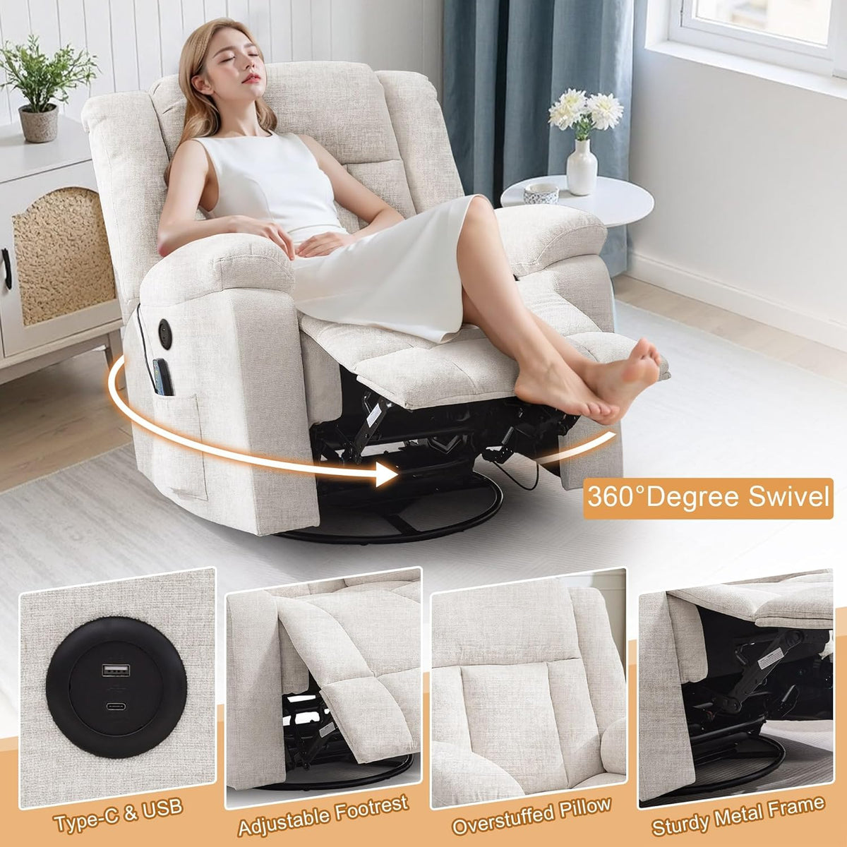 Rocker Recliner, Glider Recliner Chairs for Adults, 360° Swivel Rocking Chair with Massage and Heating, Nursery Chair with Storage and USB Charging for Living Room, Bedroom, Nursery