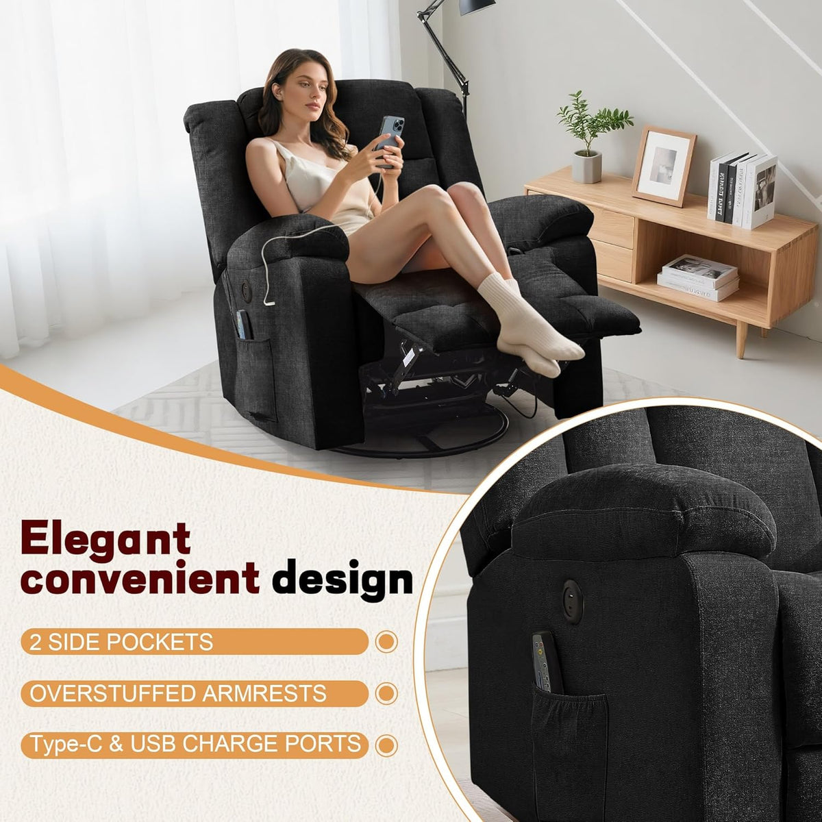 Rocker Recliner Glider Recliner Chairs for Adults 360° Swivel Rocking Chair