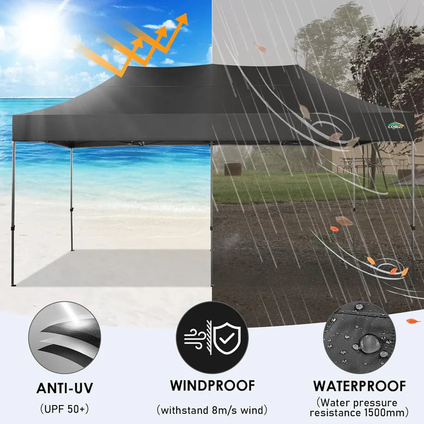 COBIZI 10x20 Heavy Duty Pop up Canopy Tent with 6 sidewalls Easy Up Commercial Outdoor Canopy Wedding Party Tents for Parties All Season Wind & Waterproof Gazebo with Roller Bag,Black(Frame Thickened)