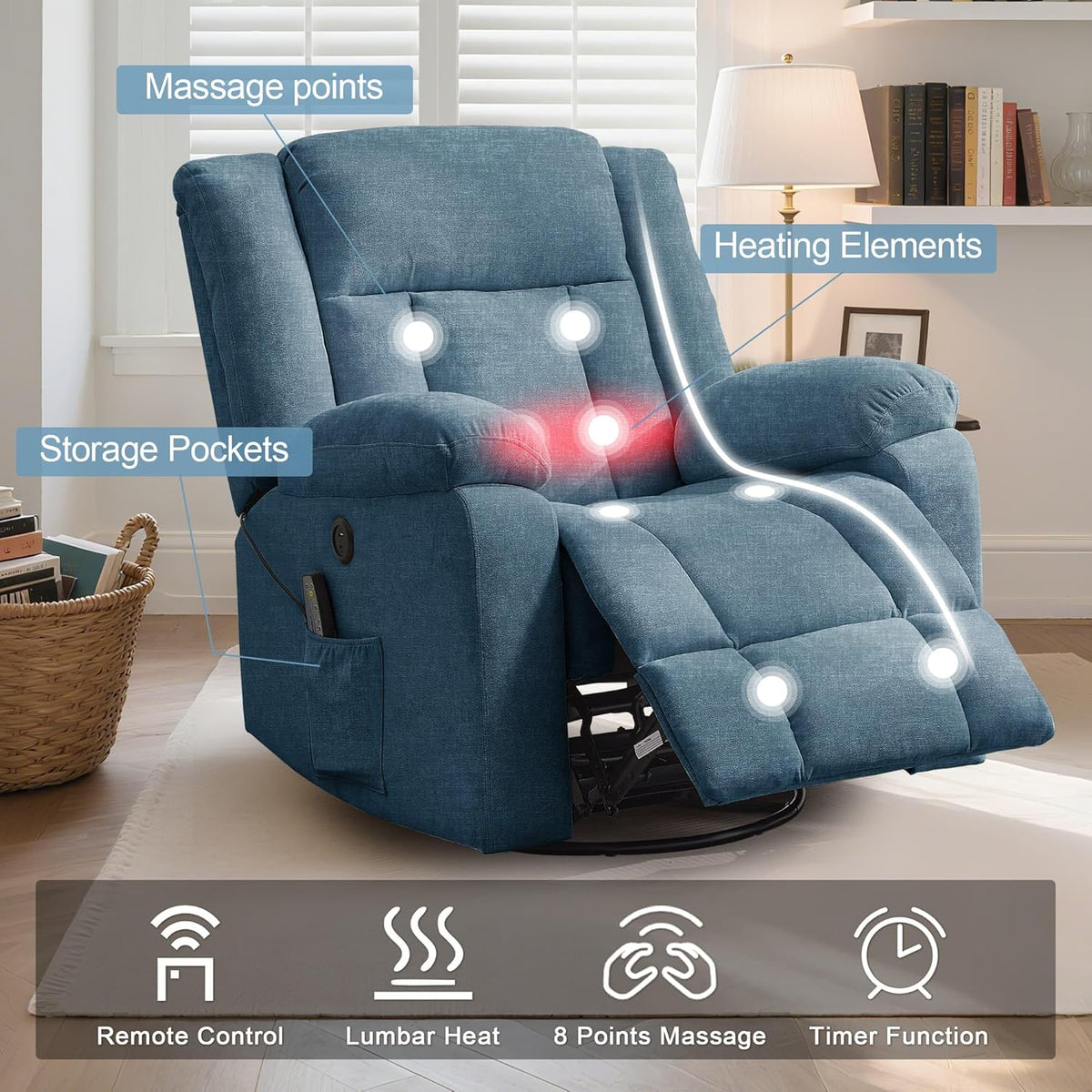 Rocker Recliner, Glider Recliner Chairs for Adults, 360° Swivel Rocking Chair with Massage and Heating, Nursery Chair with Storage and USB Charging for Living Room, Bedroom, Nursery