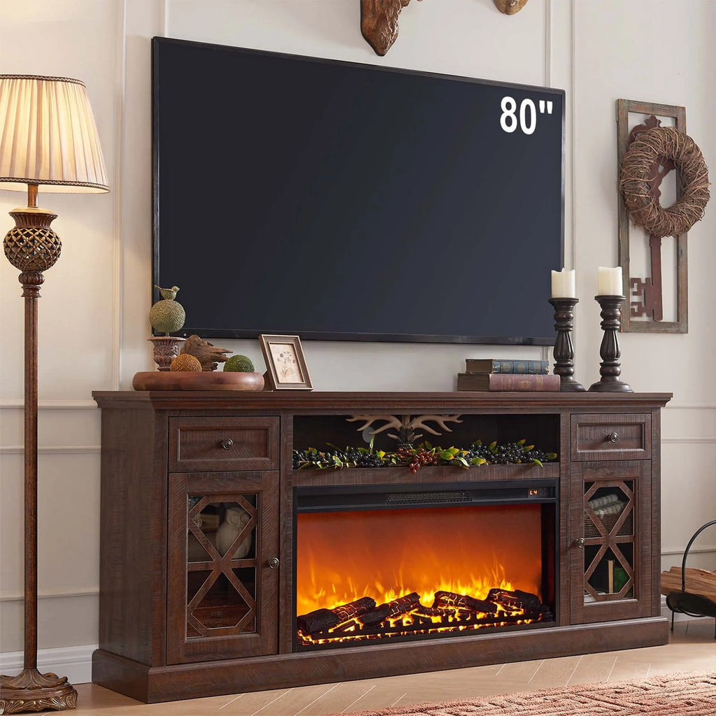 SinCiDo Farmhouse Fireplace TV Stand with 36" Electric Fireplace for 80 Inch TVs, 31" Tall Entertainment Center w/Drawer & Diamond Panel Door, Highboy Media Console for Living Room, 70inch, White