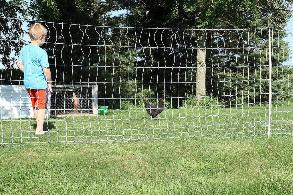 Starkline Electric Poultry Netting Kit C AC Energizer (48 x164 White/Blue Poultry Netting) (12/48/3) All in One Electric Fence Kit for Backyards, Homesteads, Ranches or Farms