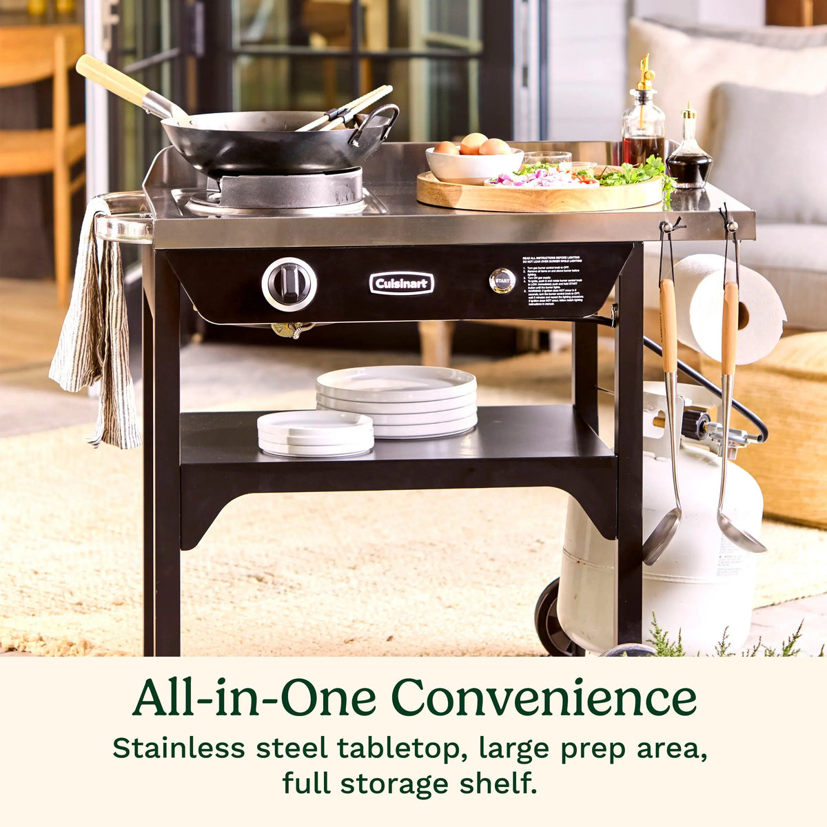 Cuisinart Outdoor Wok Station, 50,000 BTU Propane Outdoor Wok Burner w Prep Table, 14锟芥�锟斤拷 Carbon Steel Wok for Stir Fry, Searing, BBQ 锟斤拷 Black