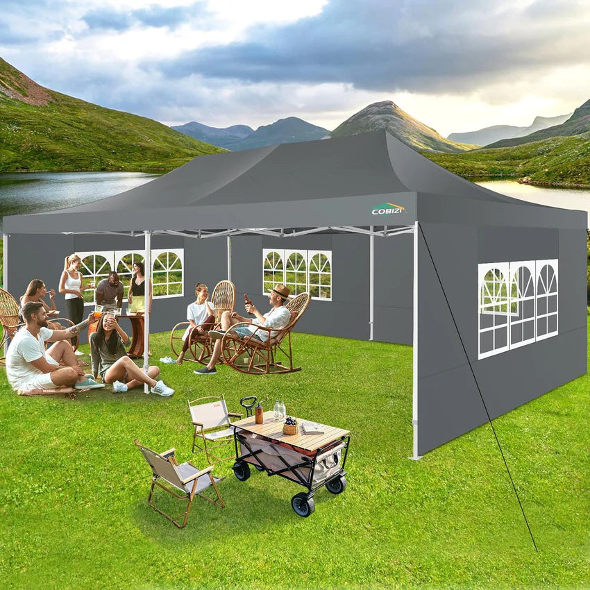 COBIZI 10x20 Heavy Duty Pop up Canopy Tent with 6 sidewalls Easy Up Commercial Outdoor Canopy Wedding Party Tents for Parties All Season Wind & Waterproof Gazebo with Roller Bag,Black(Frame Thickened)
