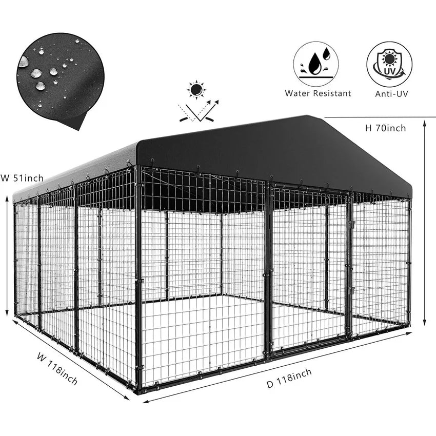 W 118 x D 118 x H 70 Large Outdoor Dog Kennel,Heavy Duty Dog Cage Enclosure with Waterproof Roof