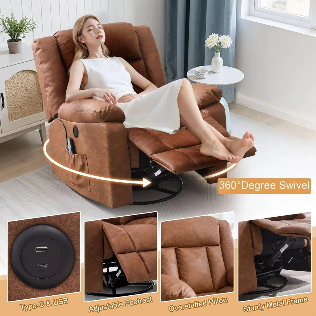 Rocker Recliner, Glider Recliner Chairs for Adults, 360° Swivel Rocking Chair with Massage and Heating, Nursery Chair with Storage and USB Charging for Living Room, Bedroom, Nursery