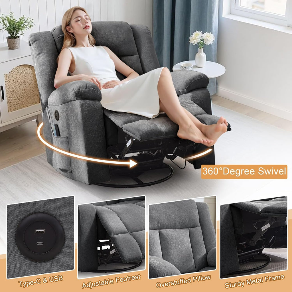 Rocker Recliner, Glider Recliner Chairs for Adults, 360° Swivel Rocking Chair with Massage and Heating, Nursery Chair with Storage and USB Charging for Living Room, Bedroom, Nursery