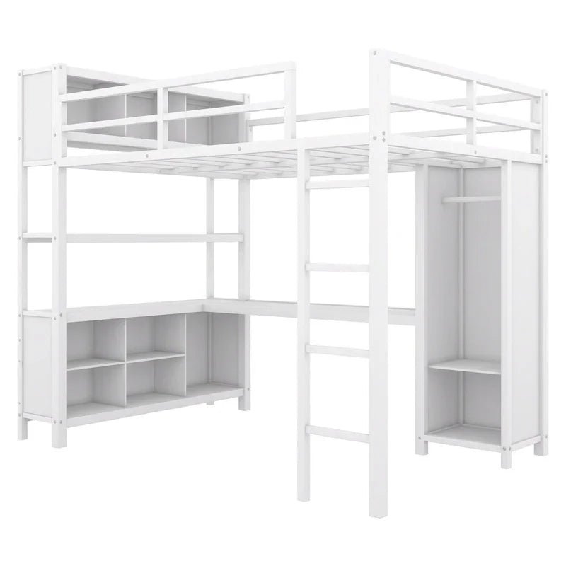 Off-White Metal Loft Bed with Desk and Wardrobe - Full Size
