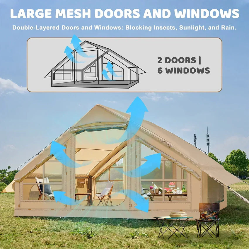6 Person Inflatable Camping Tent with Pump, 10ft x7ft Glamping Family Tent Easy Setup 4 Season Waterproof Windproof Outdoor Blow Up Tent Luxury Oxford Cabin with Mesh Windows & Doors sgtnighsdesigns