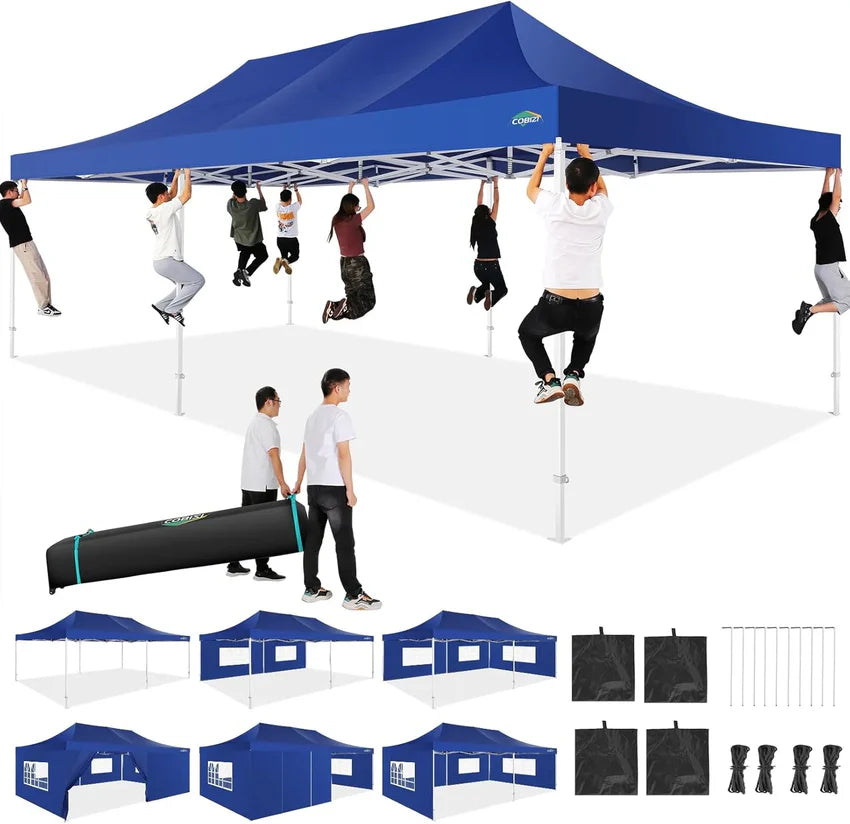 COBIZI 10x20 Heavy Duty Pop up Canopy Tent with 6 sidewalls Easy Up Commercial Outdoor Canopy Wedding Party Tents for Parties All Season Wind & Waterproof Gazebo with Roller Bag,Black(Frame Thickened)