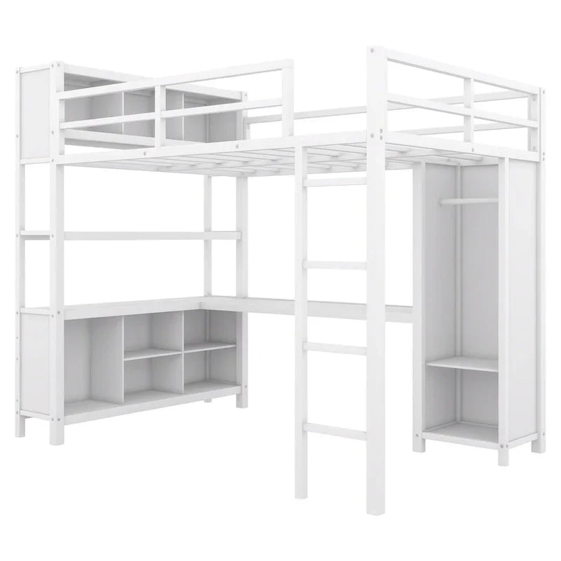 Off-White Metal Loft Bed with Desk and Wardrobe - Full Size