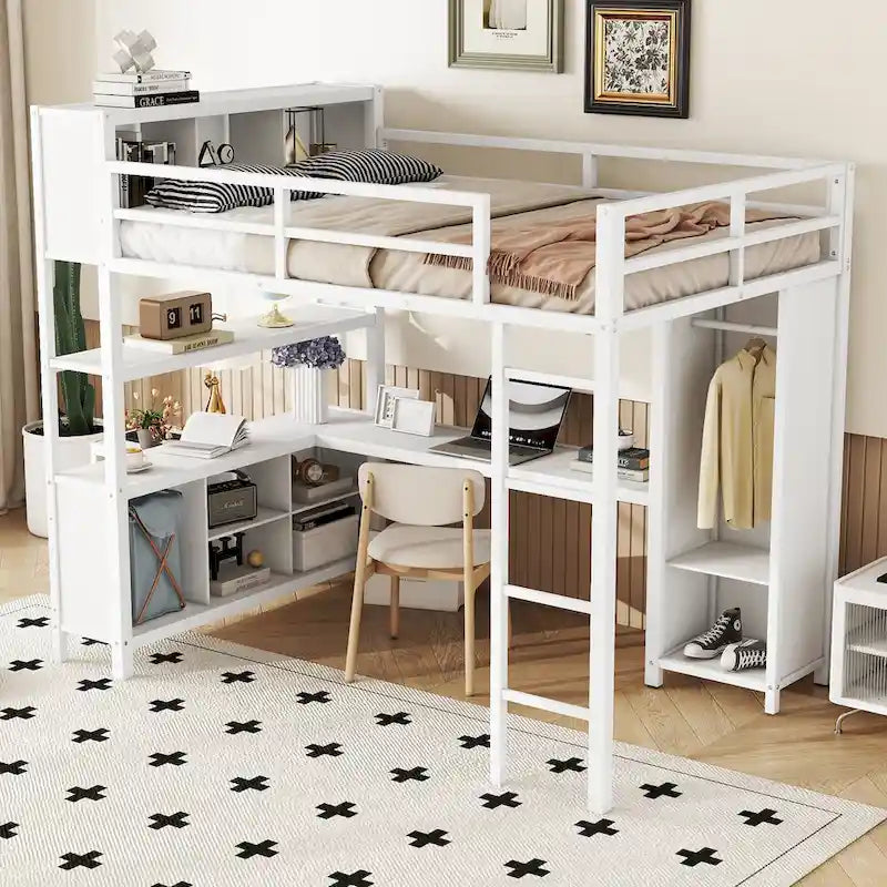 Off-White Metal Loft Bed with Desk and Wardrobe - Full Size