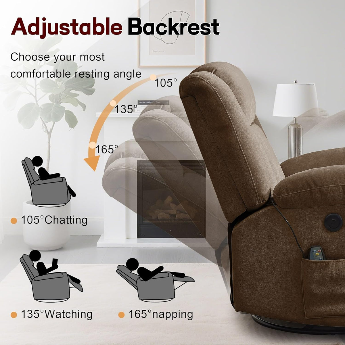 Rocker Recliner, Glider Recliner Chairs for Adults, 360° Swivel Rocking Chair with Massage and Heating, Nursery Chair with Storage and USB Charging for Living Room, Bedroom, Nursery
