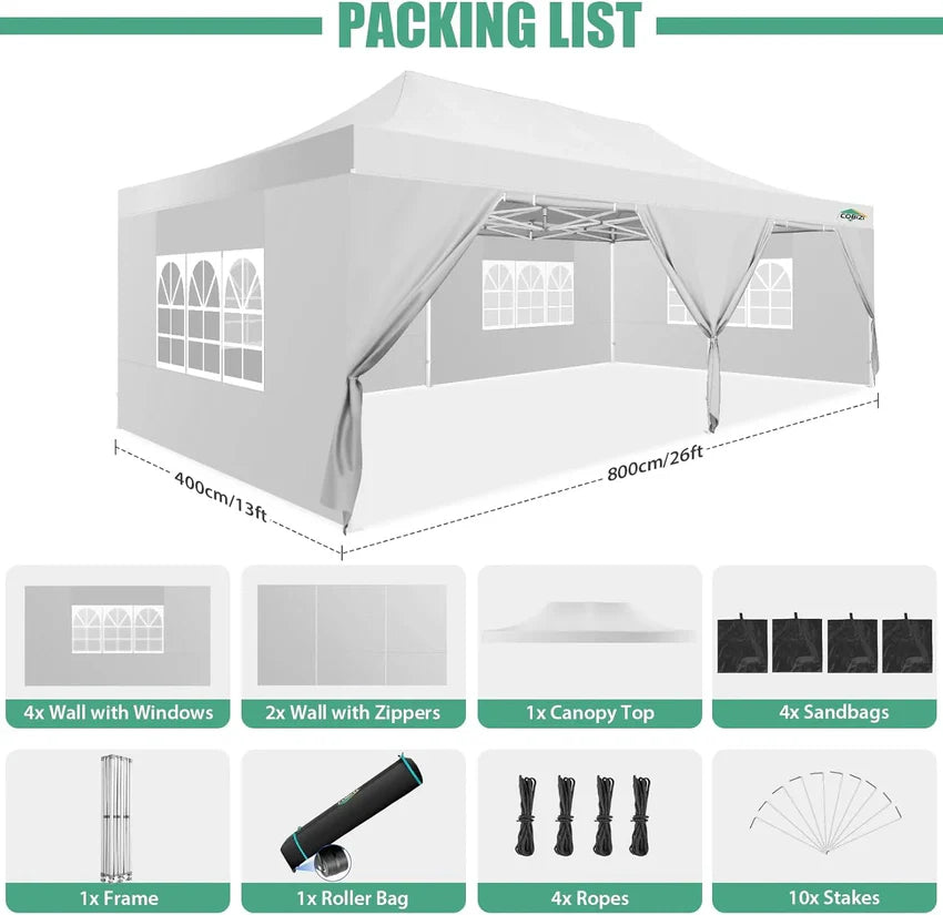 COBIZI 10x20 Heavy Duty Pop up Canopy Tent with 6 sidewalls Easy Up Commercial Outdoor Canopy Wedding Party Tents for Parties All Season Wind & Waterproof Gazebo with Roller Bag,Black(Frame Thickened)