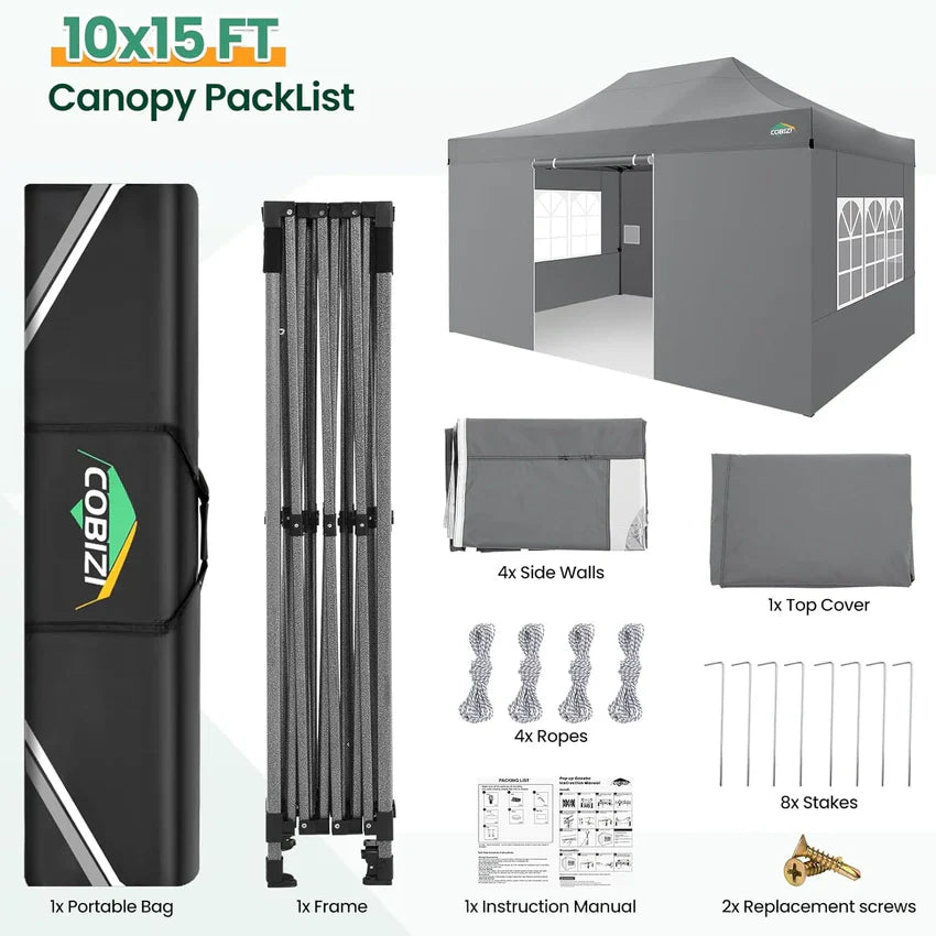 COBIZI 10x20 Heavy Duty Pop up Canopy Tent with 6 sidewalls Easy Up Commercial Outdoor Canopy Wedding Party Tents for Parties All Season Wind & Waterproof Gazebo with Roller Bag,Black(Frame Thickened)