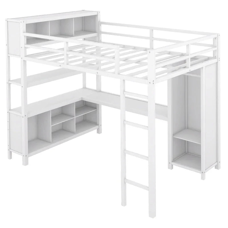 Off-White Metal Loft Bed with Desk and Wardrobe - Full Size