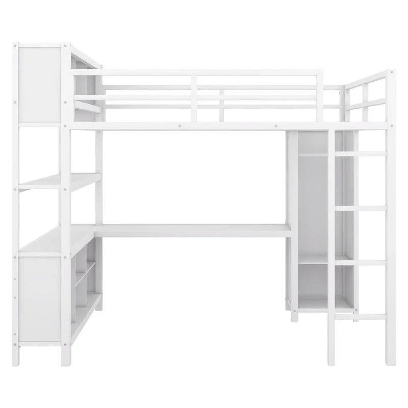 Off-White Metal Loft Bed with Desk and Wardrobe - Full Size
