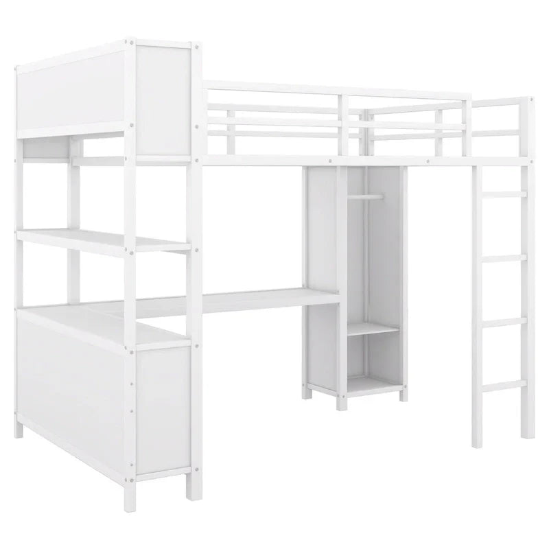 Off-White Metal Loft Bed with Desk and Wardrobe - Full Size